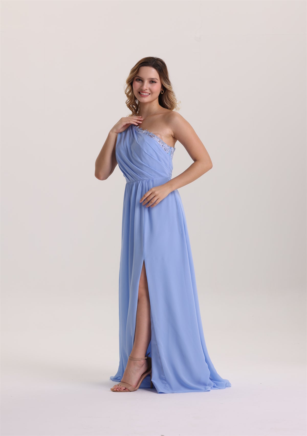 Asymmetrical Neck Chiffon Lace Applique Bridesmaid Dress