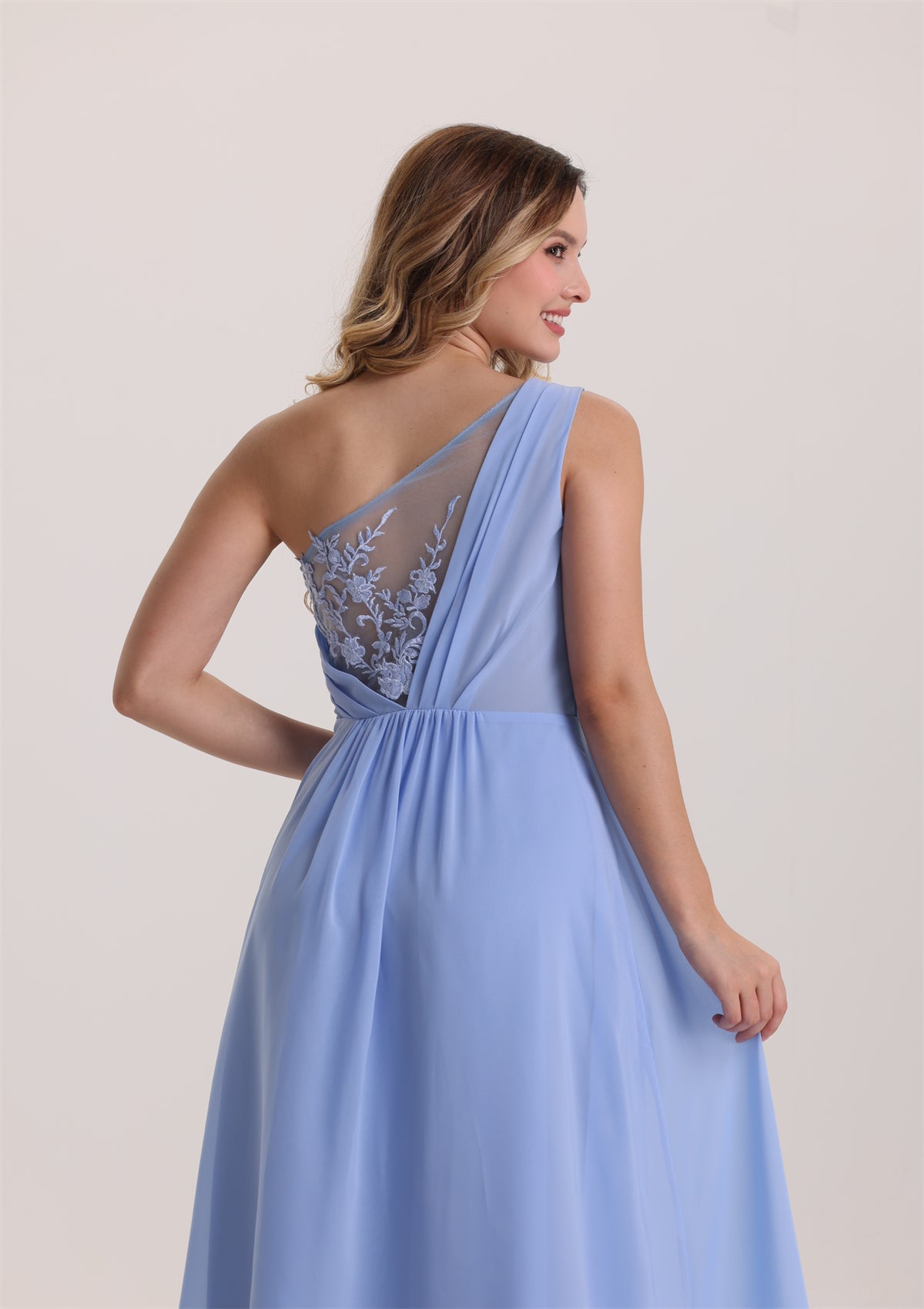 Asymmetrical Neck Chiffon Lace Applique Bridesmaid Dress