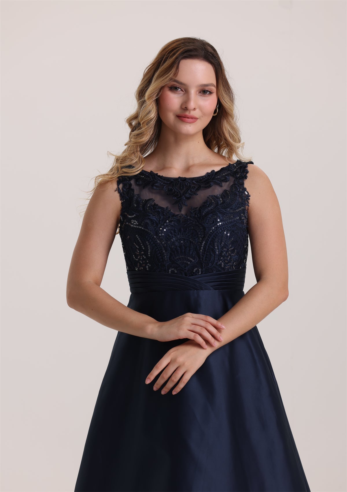 A Line Sleeveless Sequin Lace Appliques Satin Evening Dress