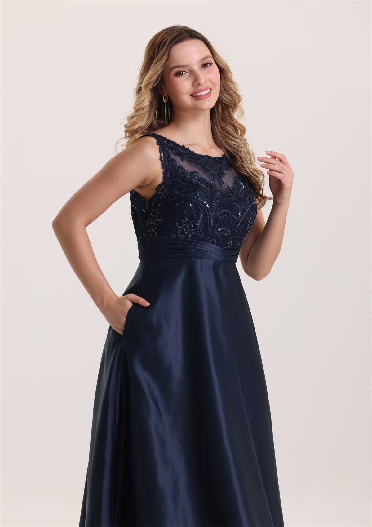 A Line Sleeveless Sequin Lace Appliques Satin Evening Dress