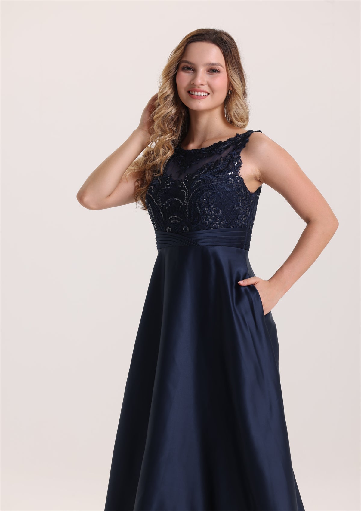 A Line Sleeveless Sequin Lace Appliques Satin Evening Dress