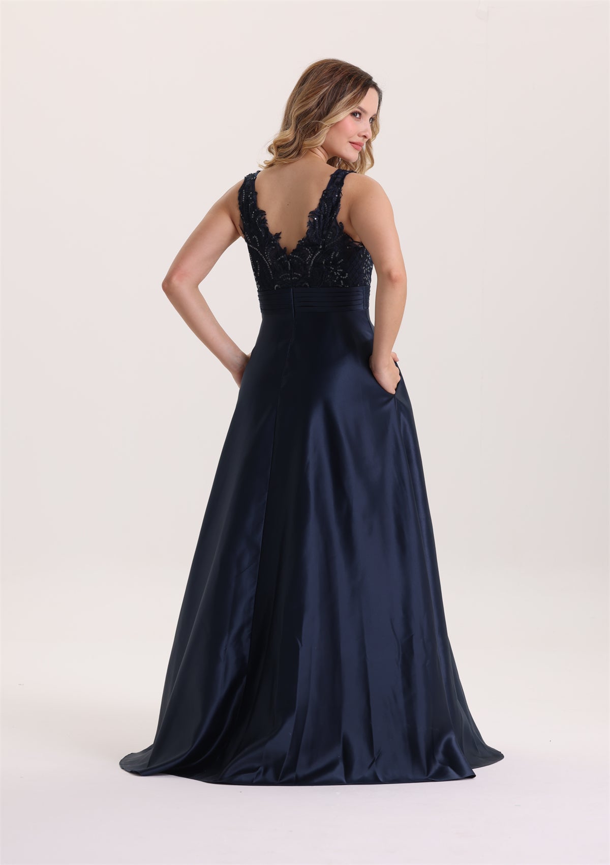 A Line Sleeveless Sequin Lace Appliques Satin Evening Dress