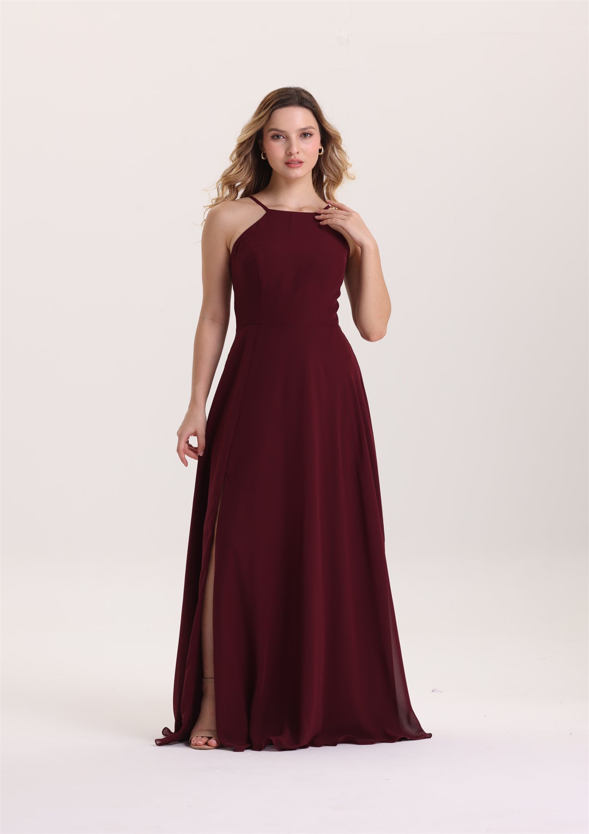 A Line Halter High Slit Chiffon Bridesmaid Dress