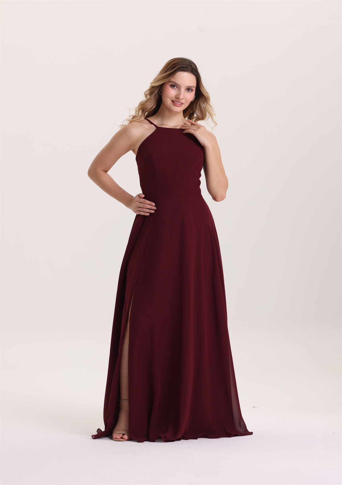 A Line Halter High Slit Chiffon Bridesmaid Dress