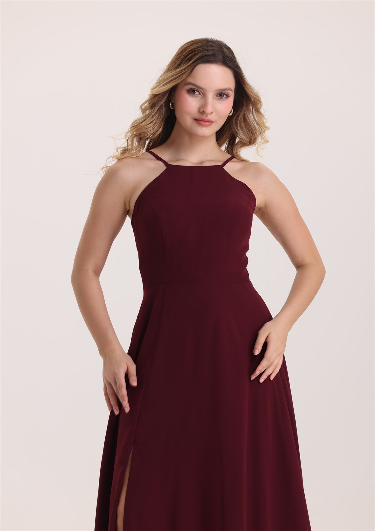 A Line Halter High Slit Chiffon Bridesmaid Dress