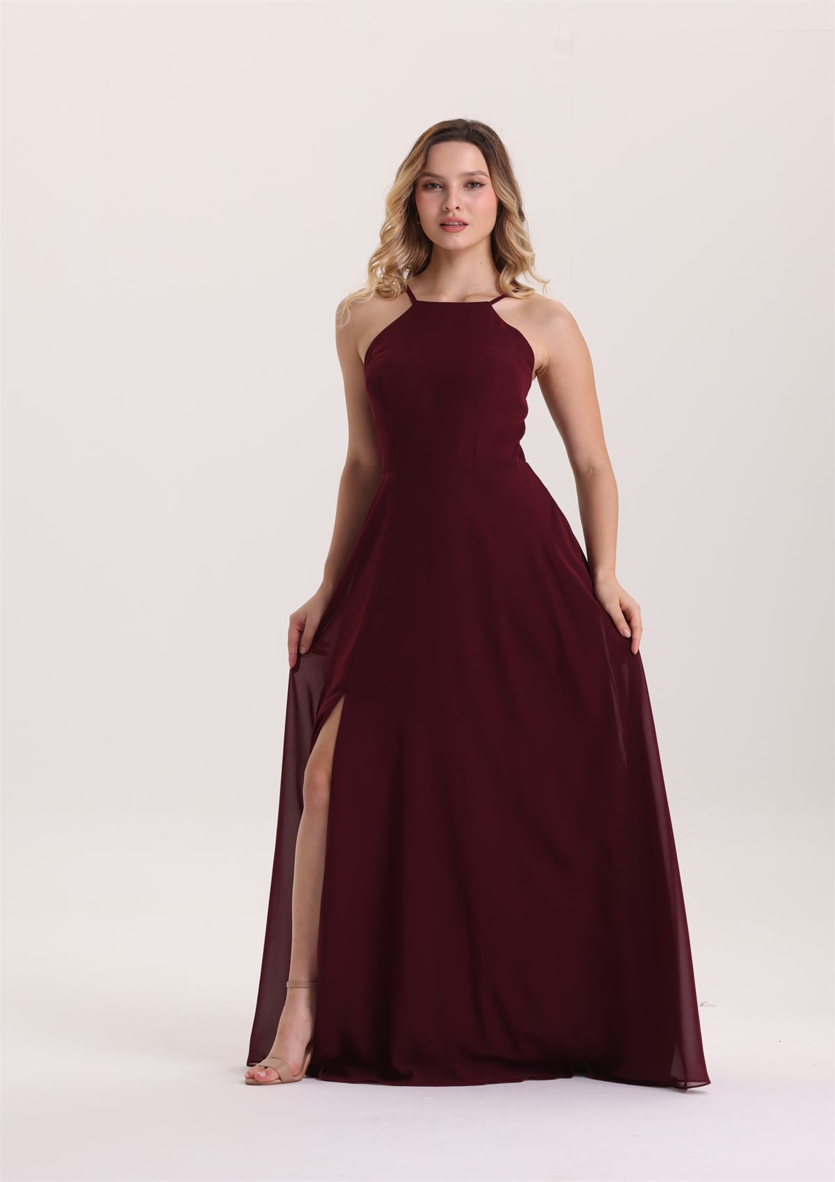A Line Halter High Slit Chiffon Bridesmaid Dress