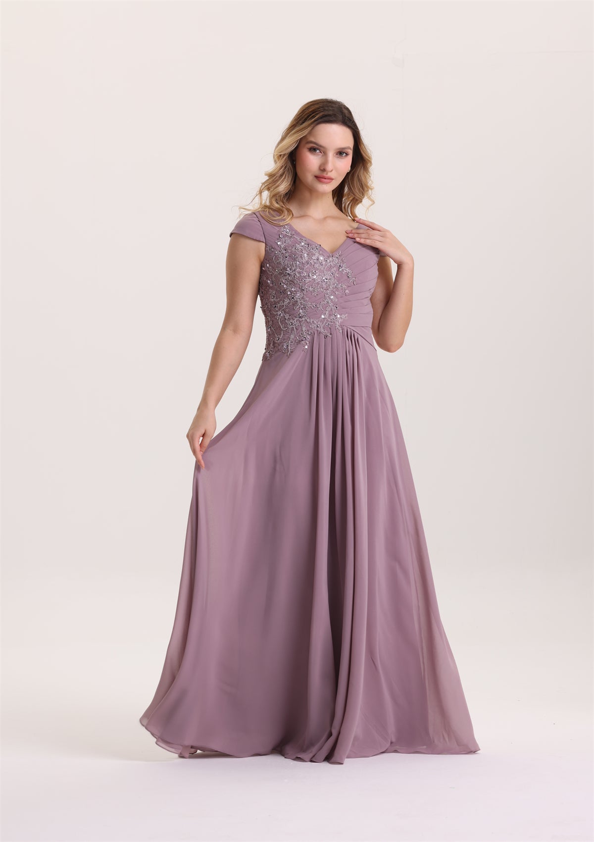 A Line Pleated Sequin Appliques Mother of The Bride Dress