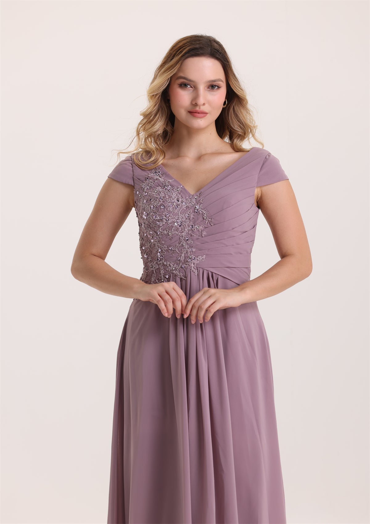 A Line Pleated Sequin Appliques Mother of The Bride Dress