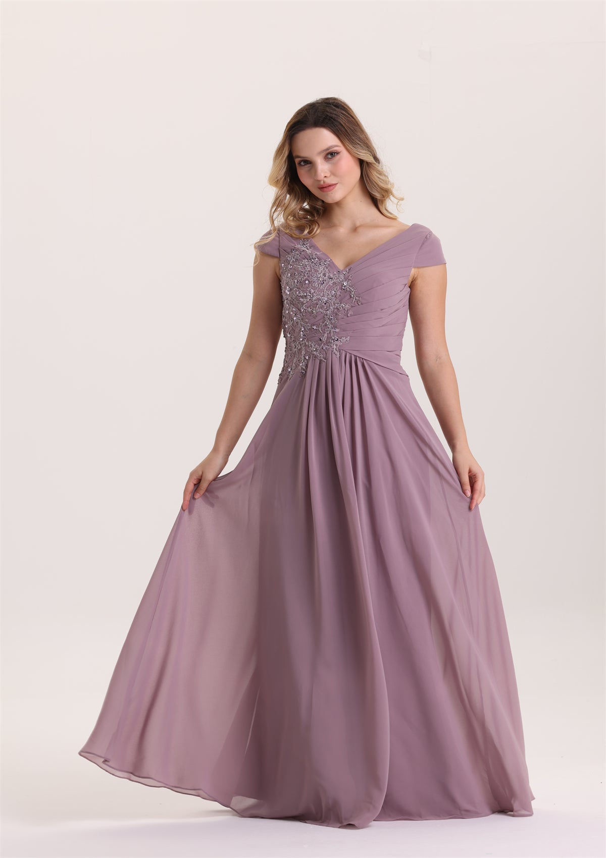 A Line Pleated Sequin Appliques Mother of The Bride Dress