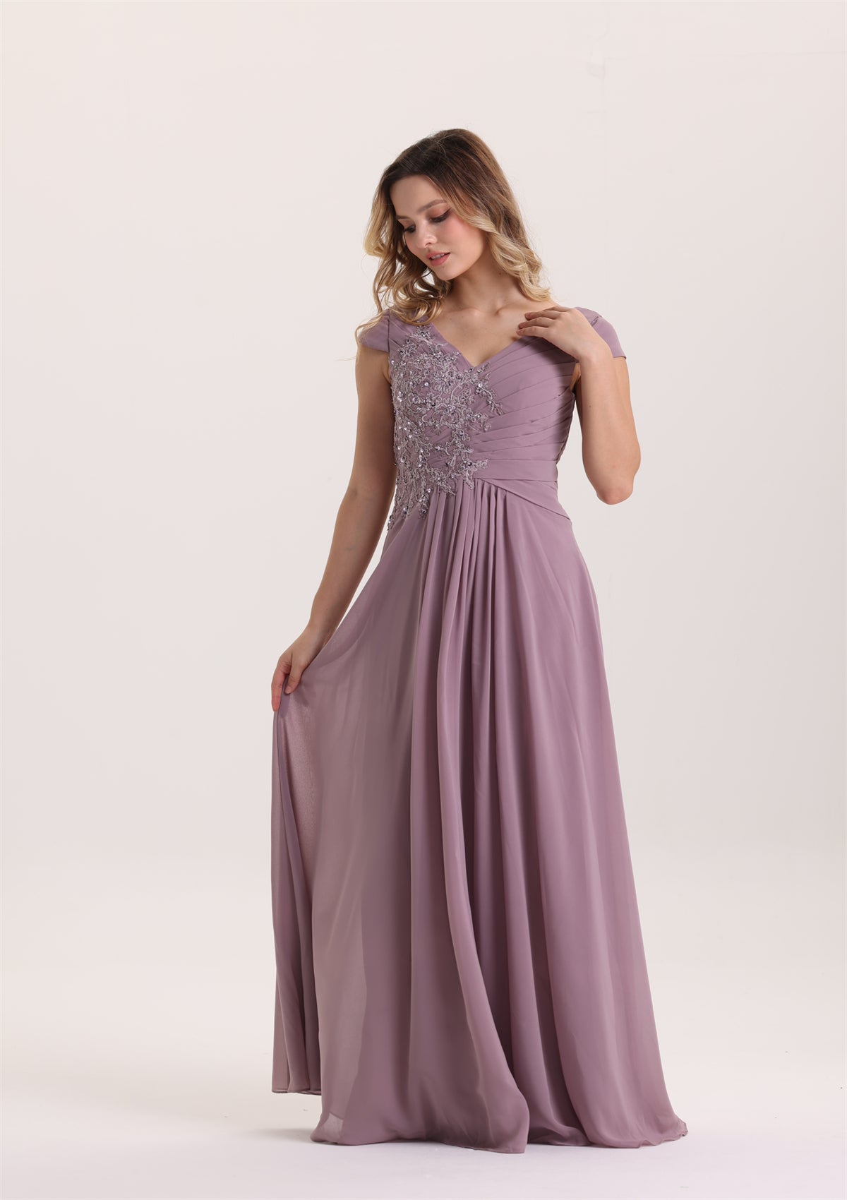 A Line Pleated Sequin Appliques Mother of The Bride Dress