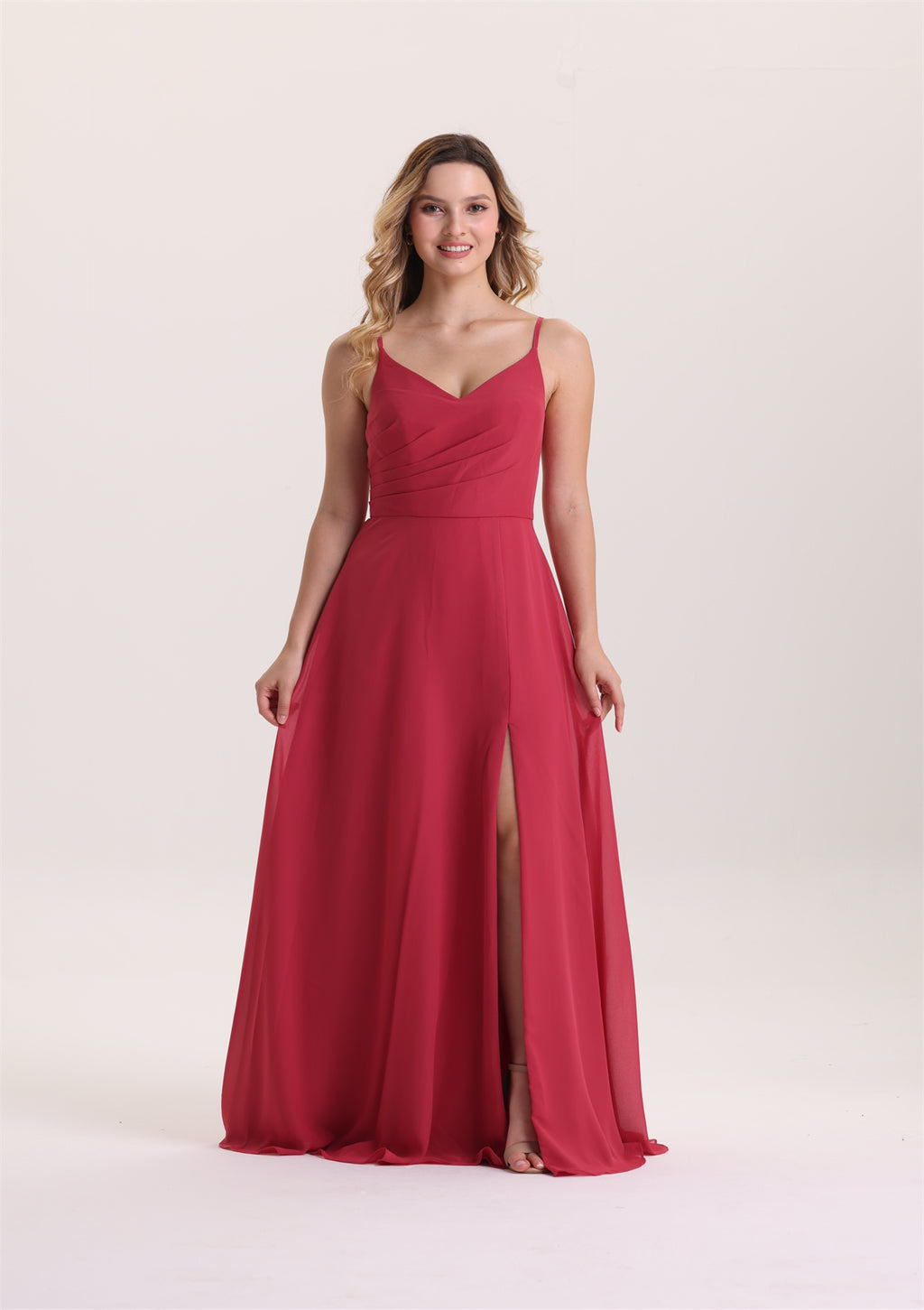 Spaghetti Strap V Neck Slit Chiffon Bridesmaid Dress