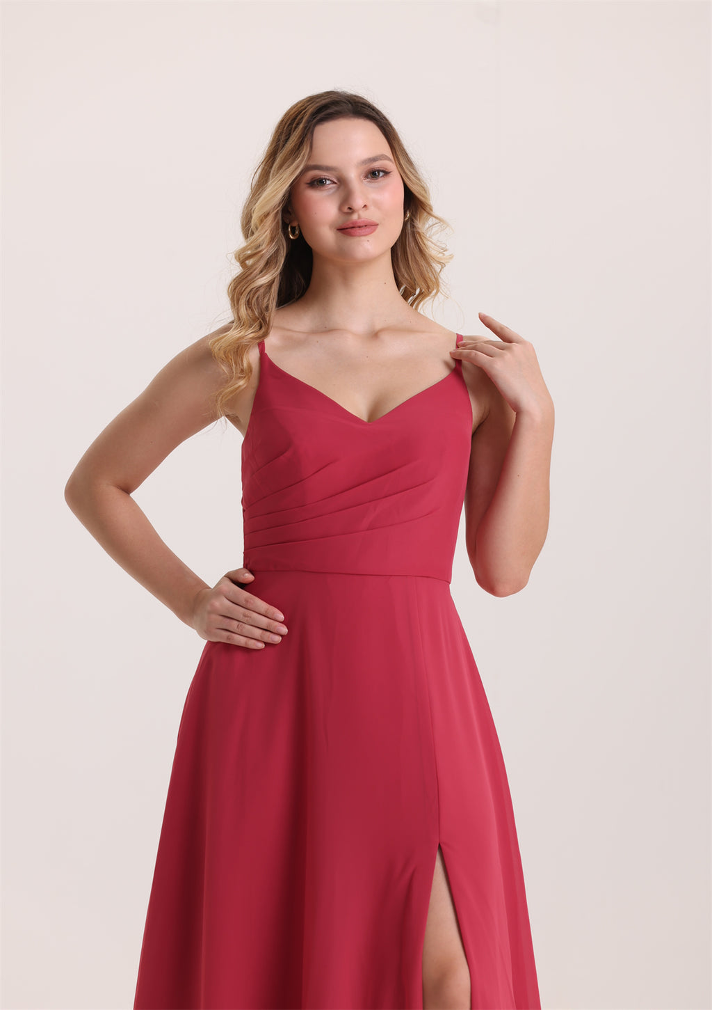Spaghetti Strap V Neck Slit Chiffon Bridesmaid Dress