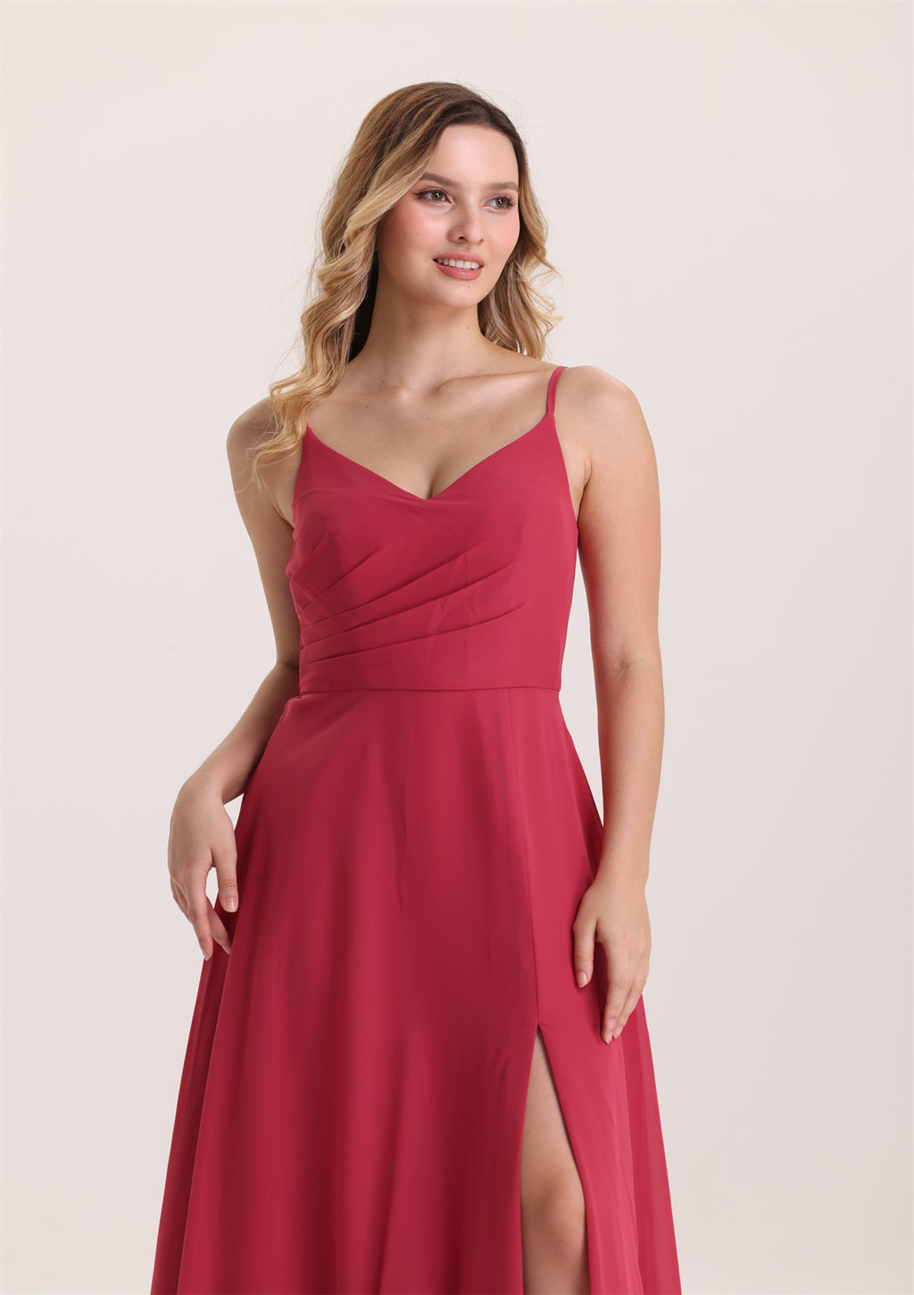 Spaghetti Strap V Neck Slit Chiffon Bridesmaid Dress