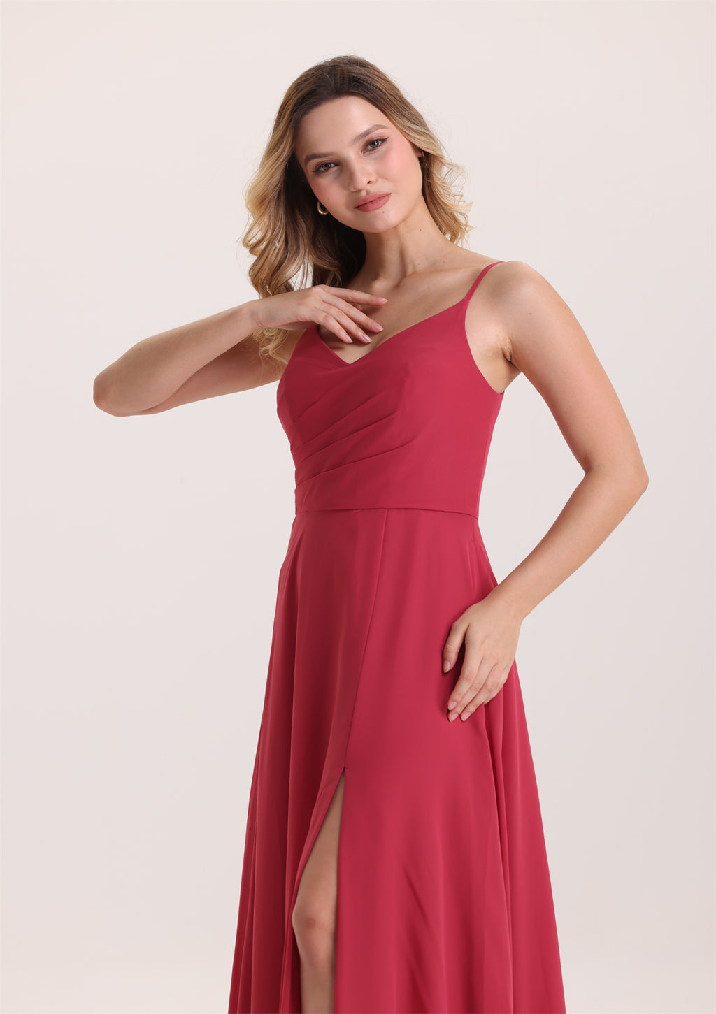 Spaghetti Strap V Neck Slit Chiffon Bridesmaid Dress