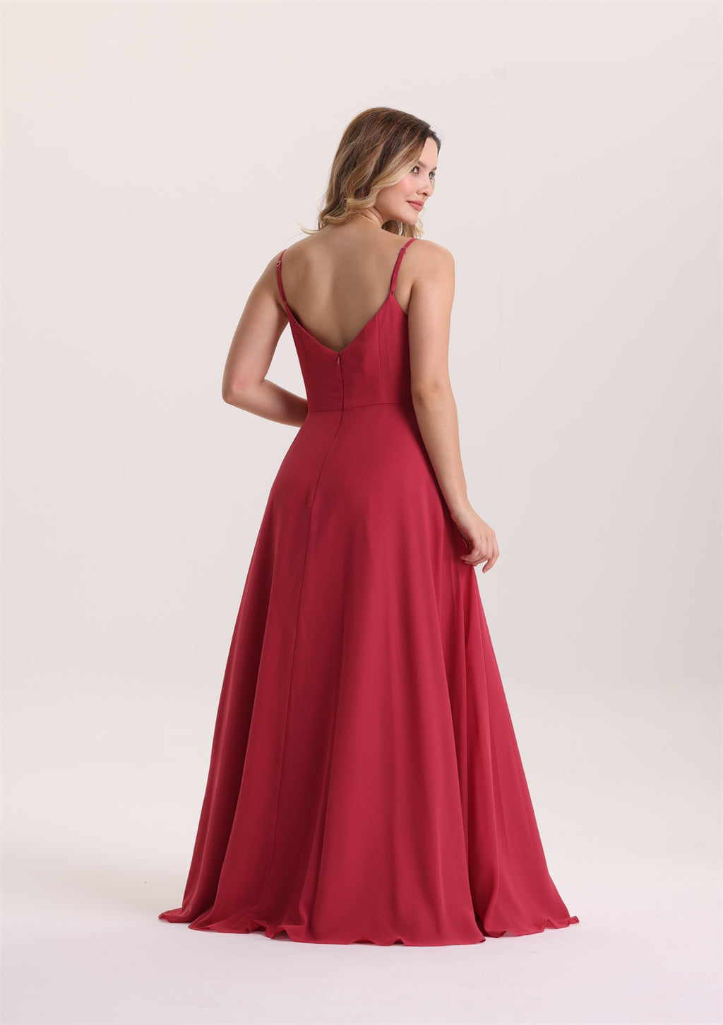 Spaghetti Strap V Neck Slit Chiffon Bridesmaid Dress