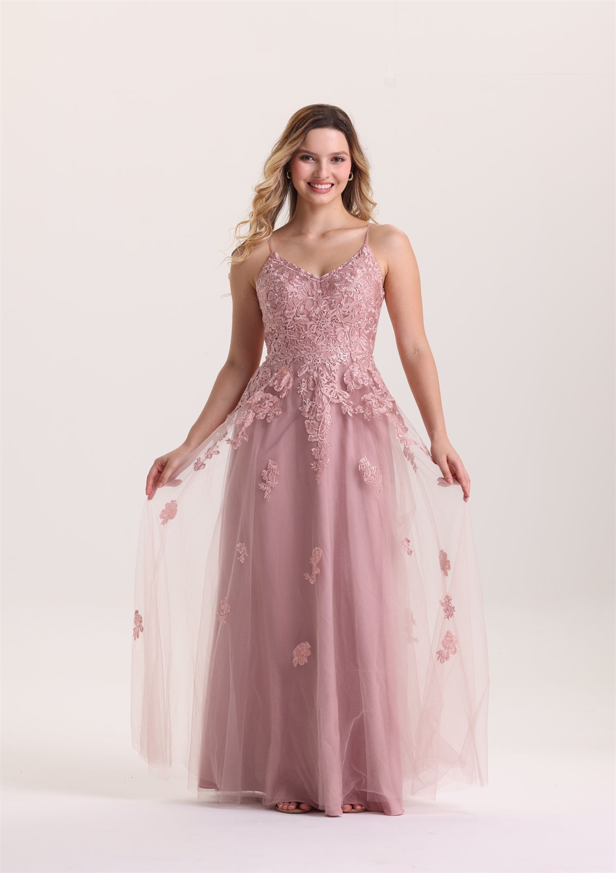 Floral Appliques Sleeveless Tulle A Line Evening Dress