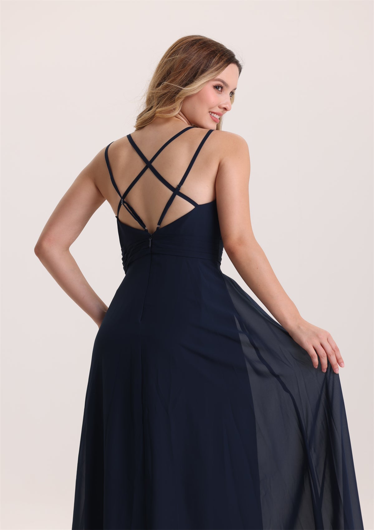 Cris-Cross Design V Neck Chiffon Bridesmaid Dress