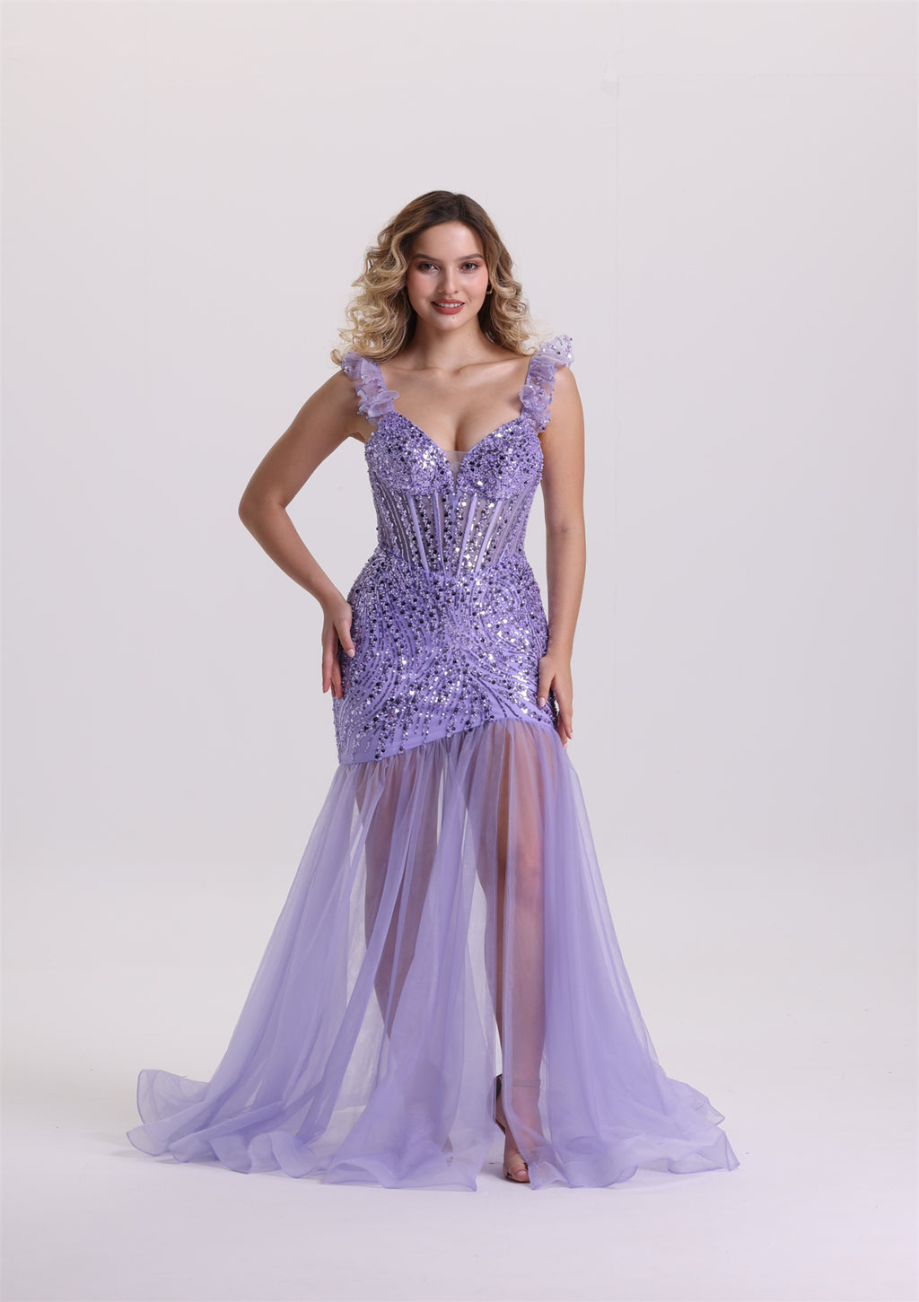 Dreamy Ruffle Spaghetti Strap Sequin Tulle Prom Dress