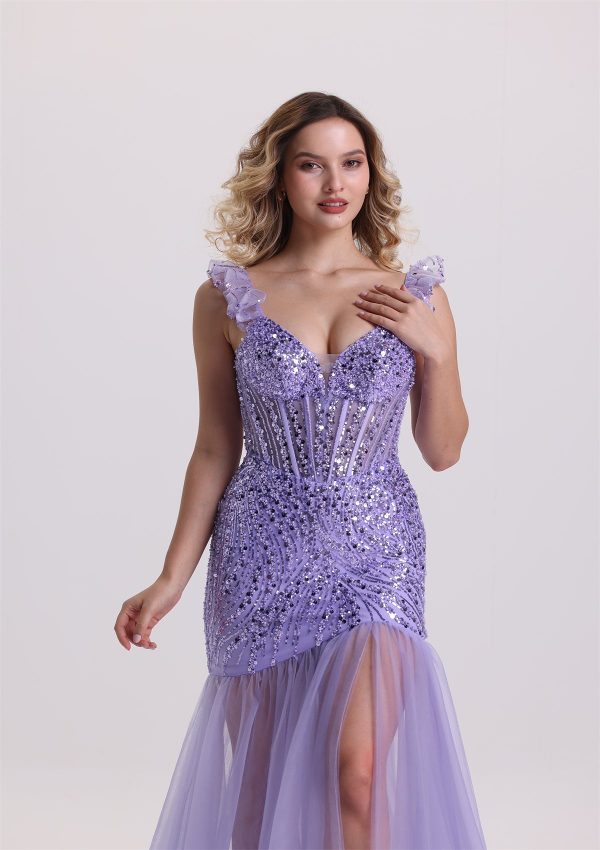 Dreamy Ruffle Spaghetti Strap Sequin Tulle Prom Dress