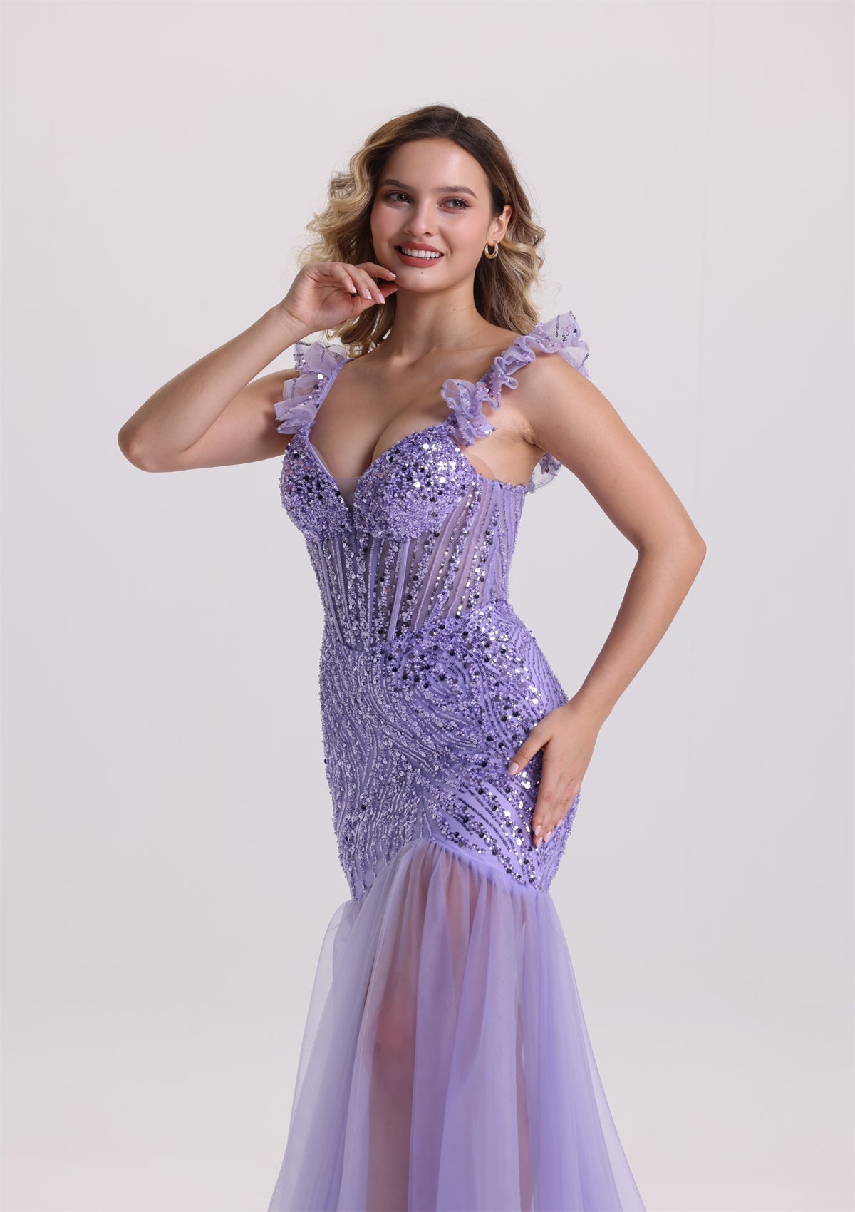 Dreamy Ruffle Spaghetti Strap Sequin Tulle Prom Dress