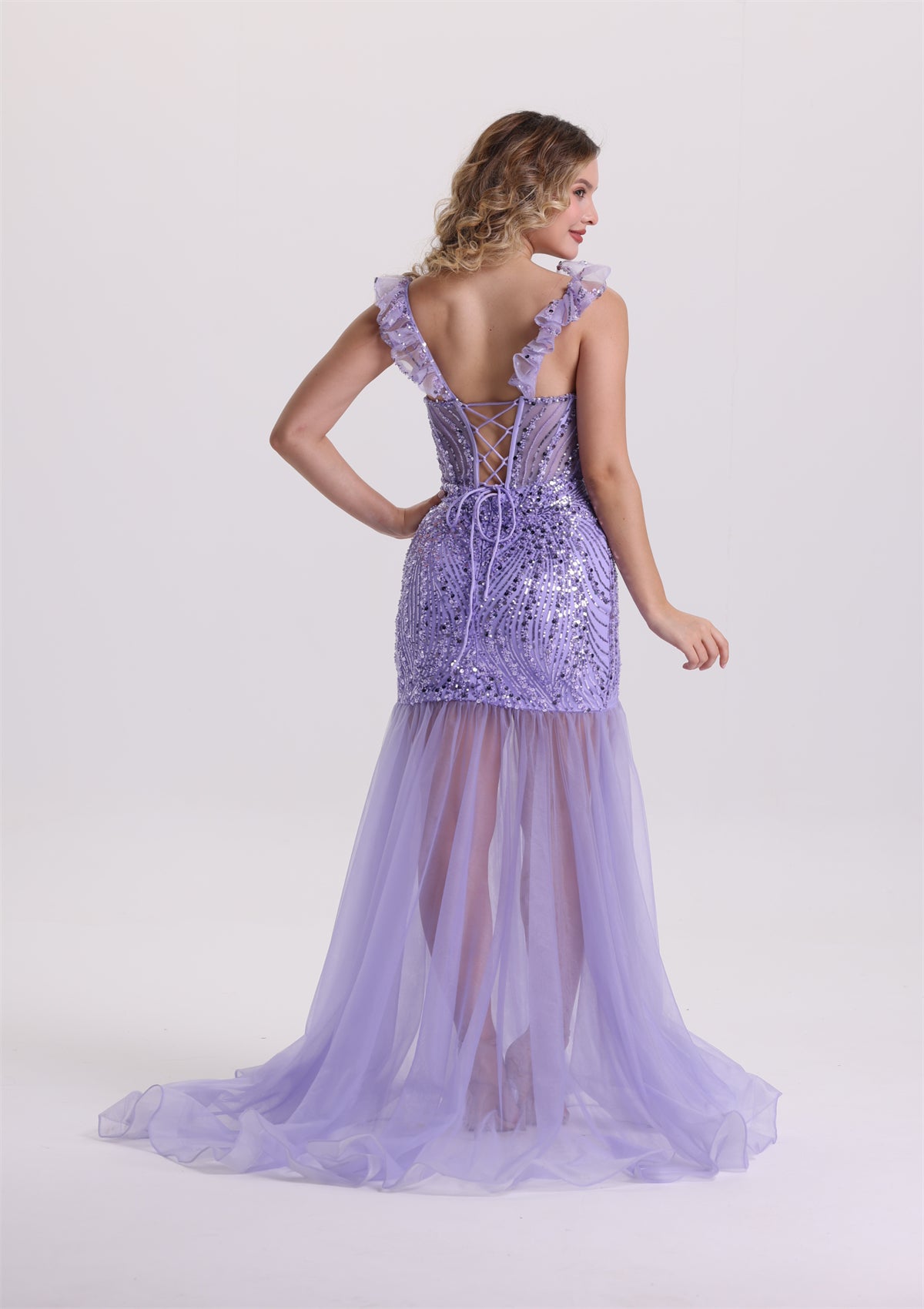 Dreamy Ruffle Spaghetti Strap Sequin Tulle Prom Dress