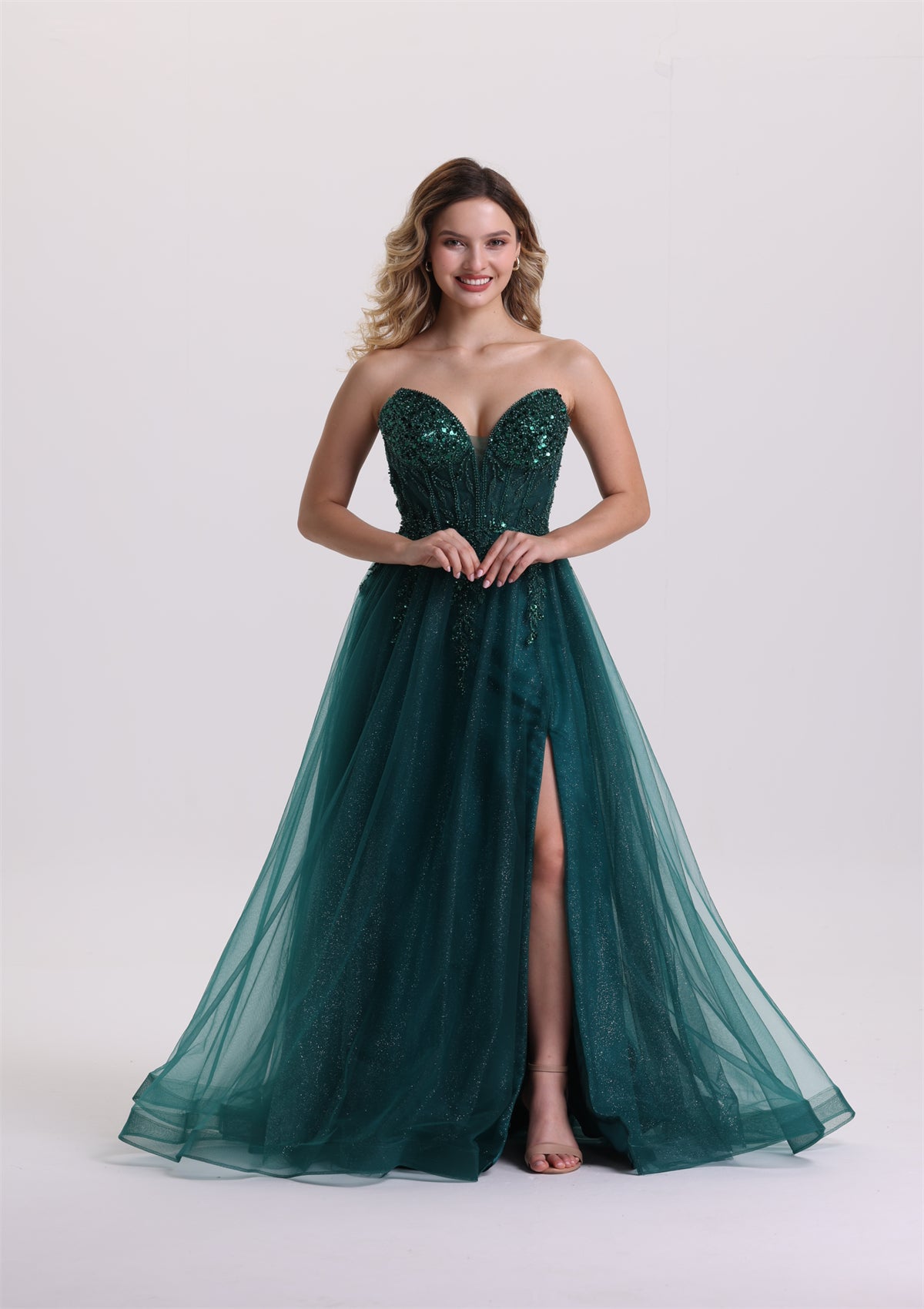 Corset Sequin Beaded Applique Glitter Tulle Prom Dress