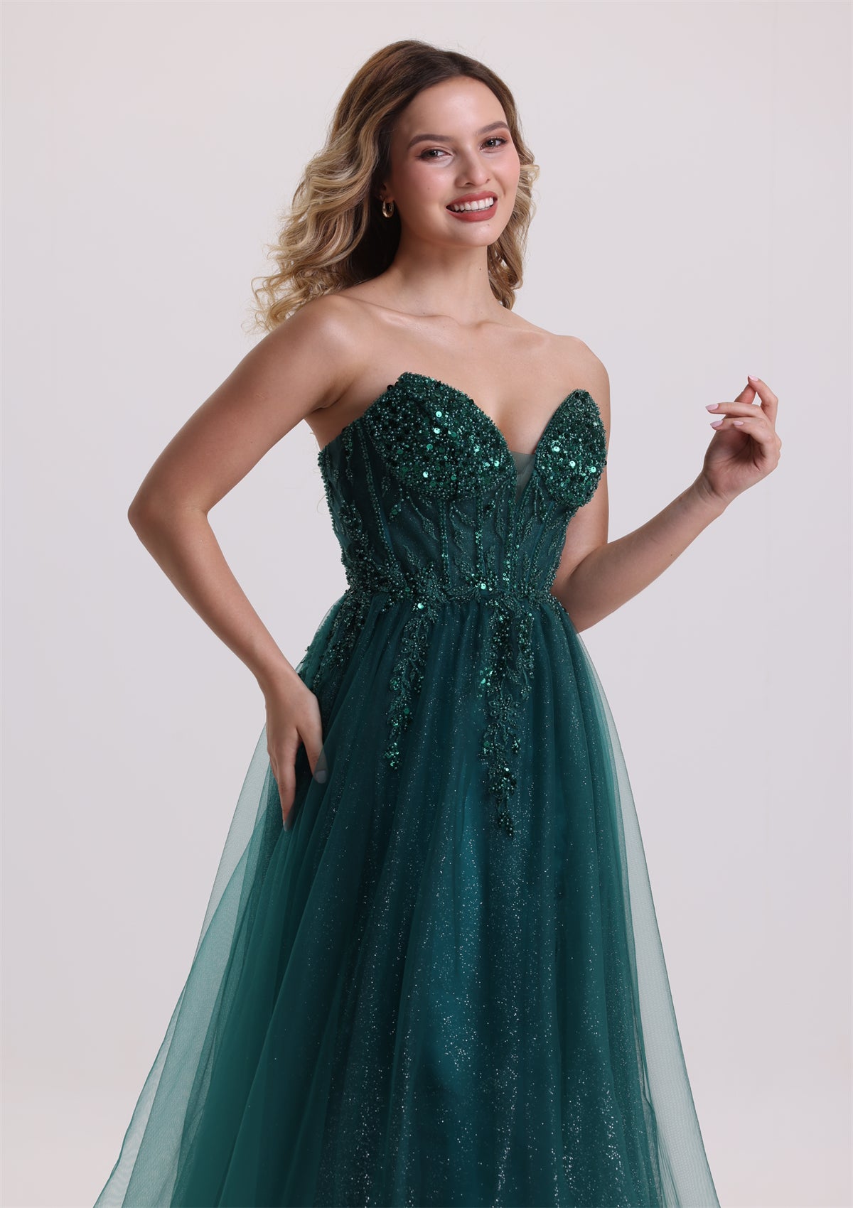 Corset Sequin Beaded Applique Glitter Tulle Prom Dress