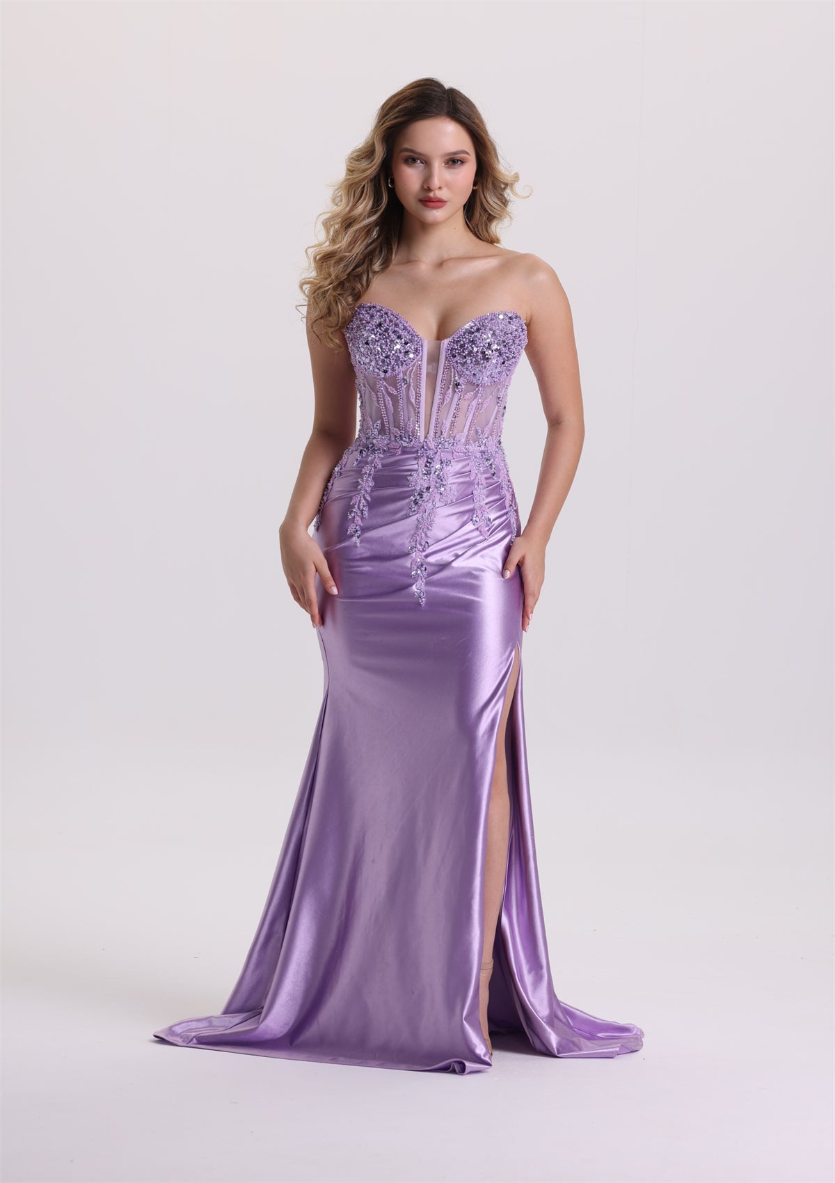 Dreamy Sweetheart Corset Beaded Pleated Satin Prom Dress