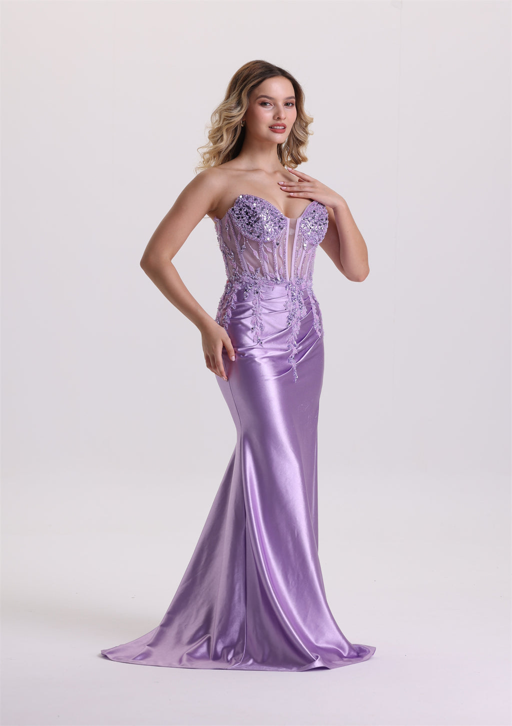 Dreamy Sweetheart Corset Beaded Pleated Satin Prom Dress
