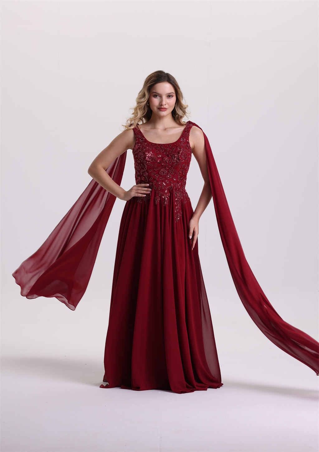 Flowy Square Neck Floral Appliques Slit Prom Dress