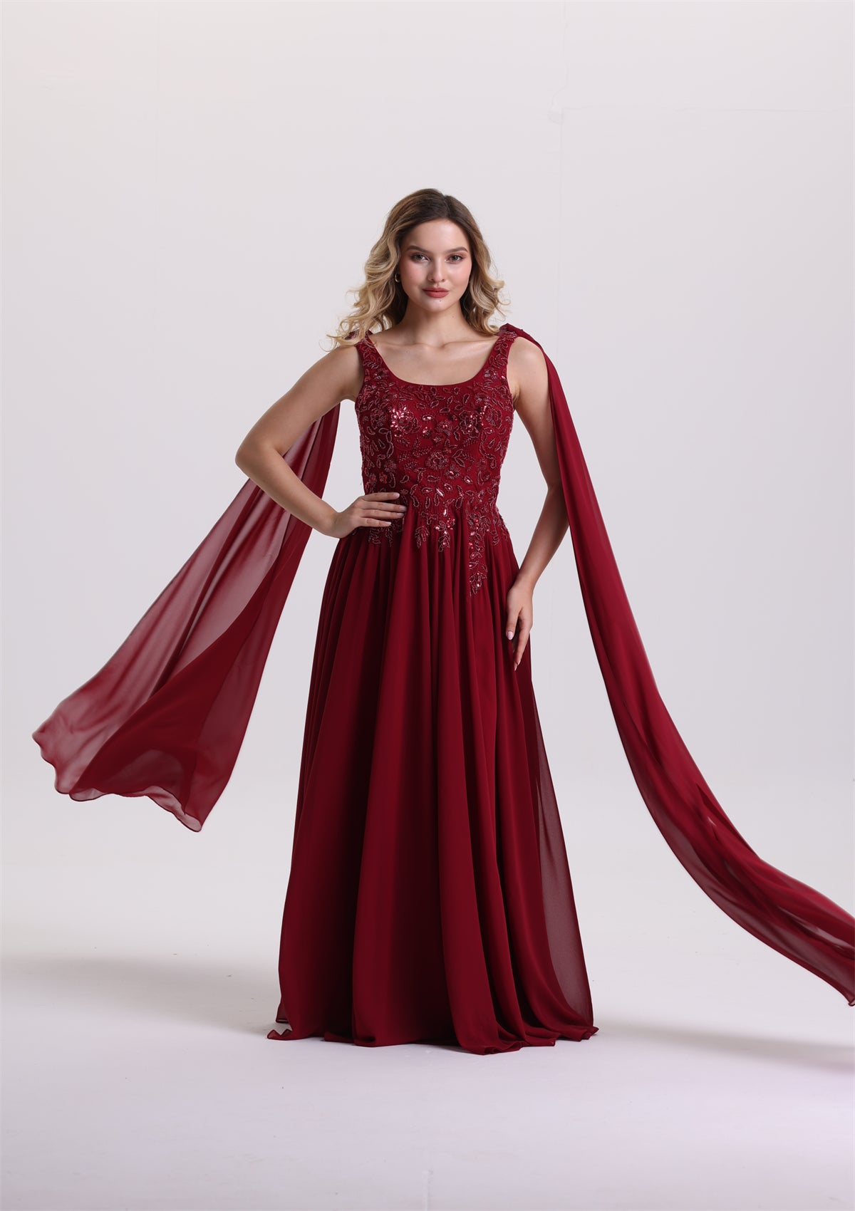 Flowy Square Neck Floral Appliques Slit Prom Dress