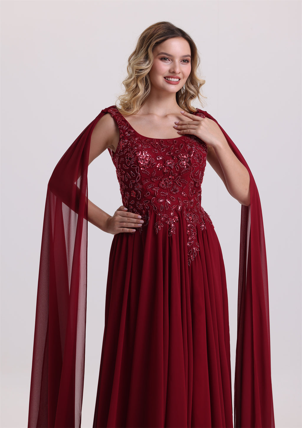 Flowy Square Neck Floral Appliques Slit Prom Dress