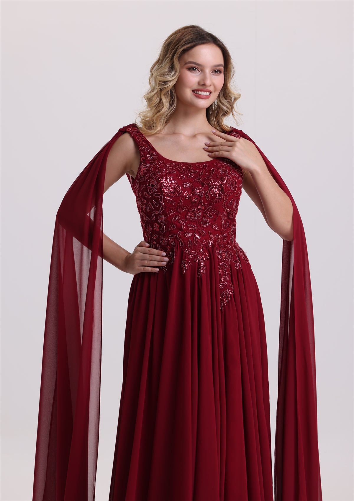 Flowy Square Neck Floral Appliques Slit Prom Dress