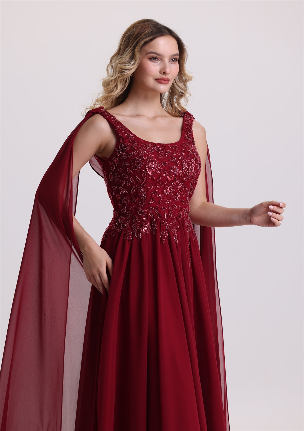 Flowy Square Neck Floral Appliques Slit Prom Dress