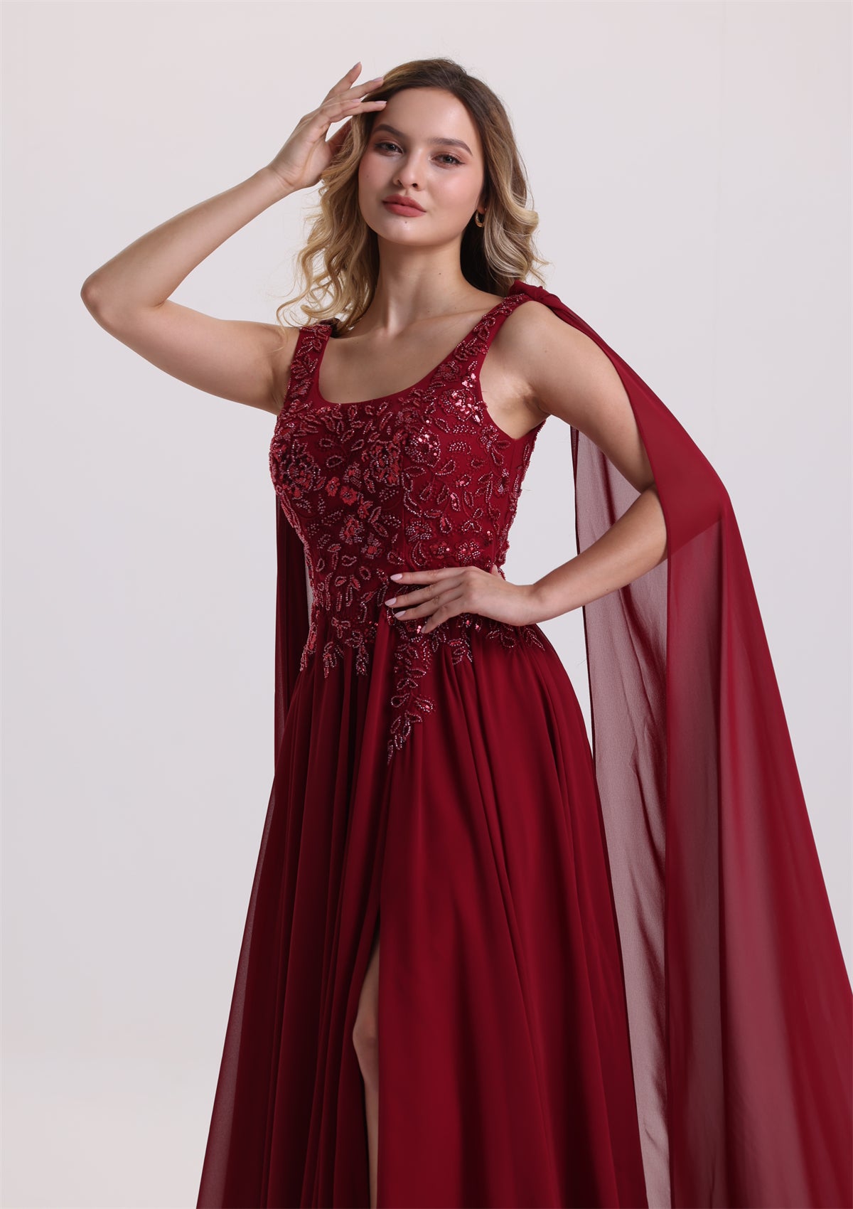 Flowy Square Neck Floral Appliques Slit Prom Dress
